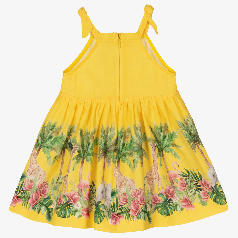 Mayoral-Girls Yellow Linen Safari Animal Dress  | Childrensalon Outlet