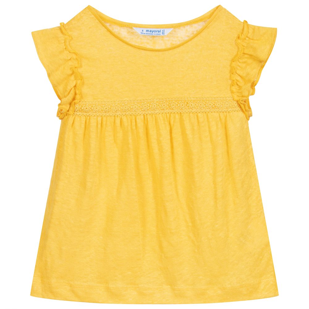 Mayoral - Желтая льняная футболка для девочек | Childrensalon