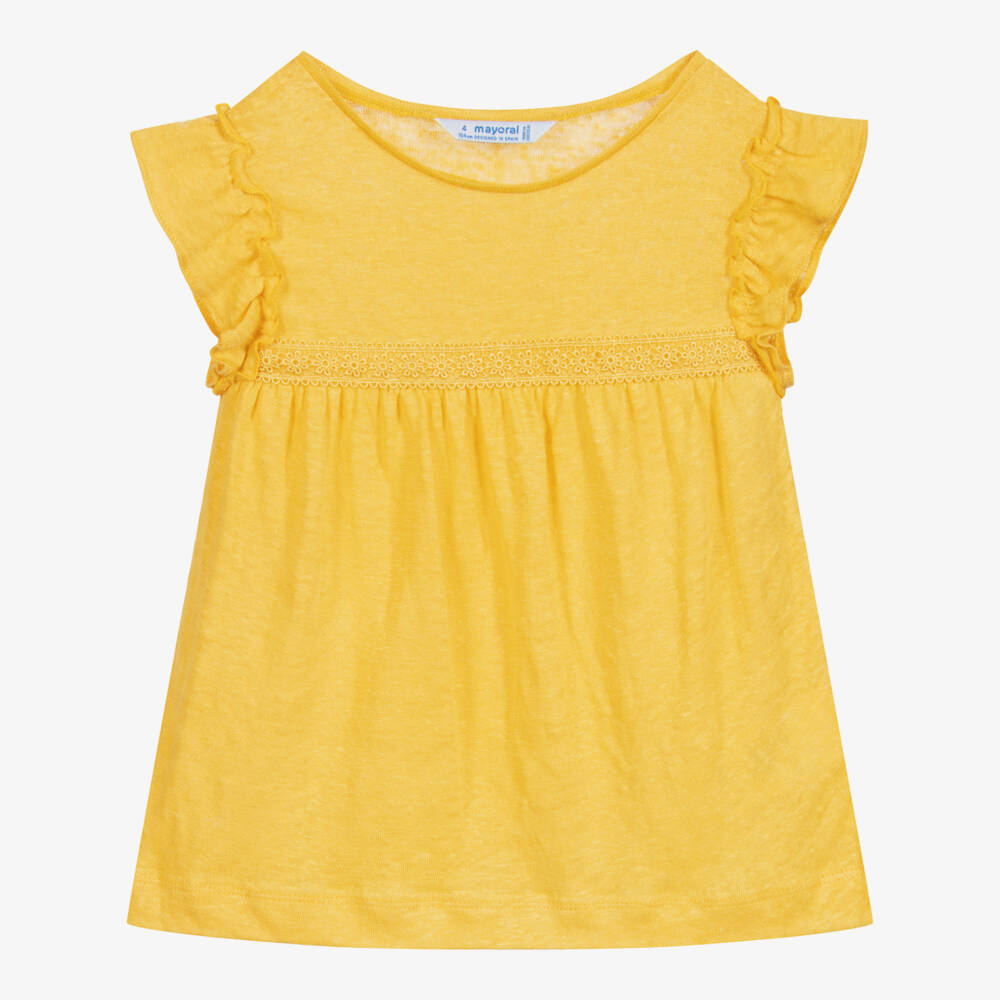 Mayoral-Girls Yellow Linen T-Shirt | Childrensalon Outlet