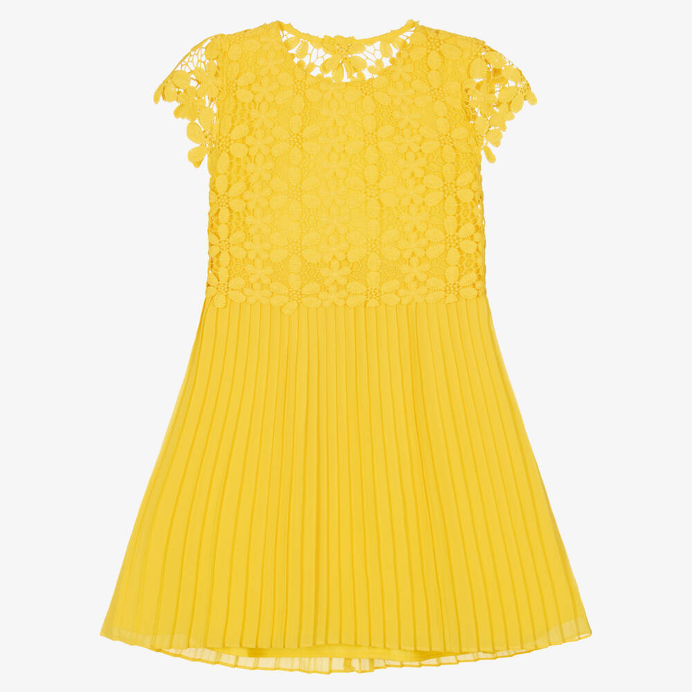 Mayoral - فستان بطبقات كريب مزين بدانتيل لون أصفر | Childrensalon