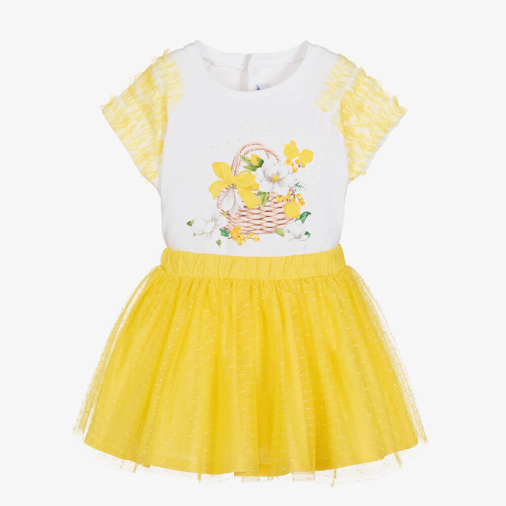 Mayoral - Girls Yellow & White Cotton Skirt Set | Childrensalon