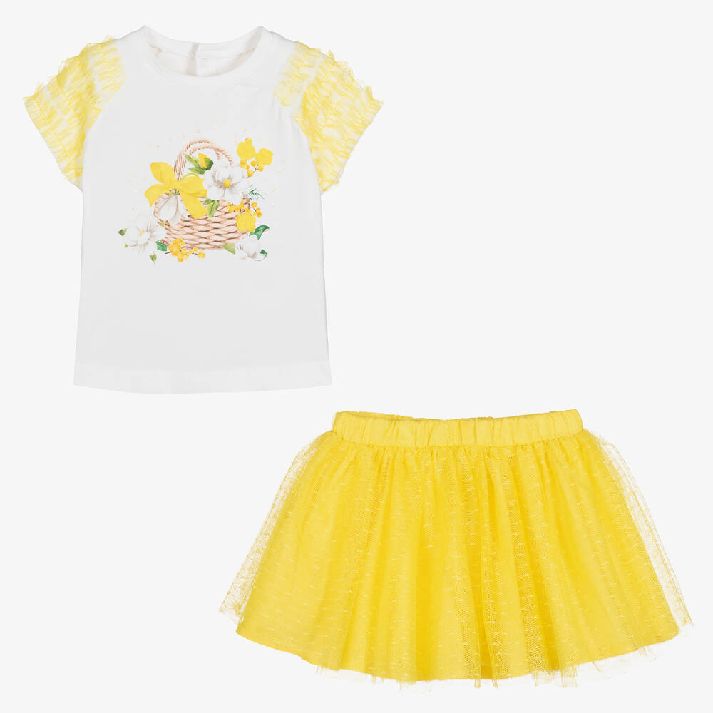 Mayoral-Girls Yellow & White Cotton Skirt Set | Childrensalon Outlet