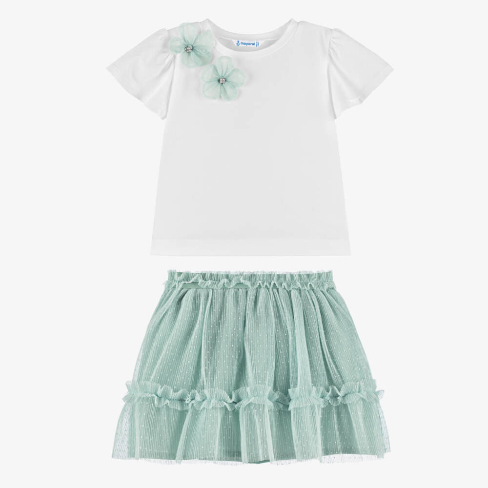 Mayoral-Green And White Skirt Set | Childrensalon Outlet