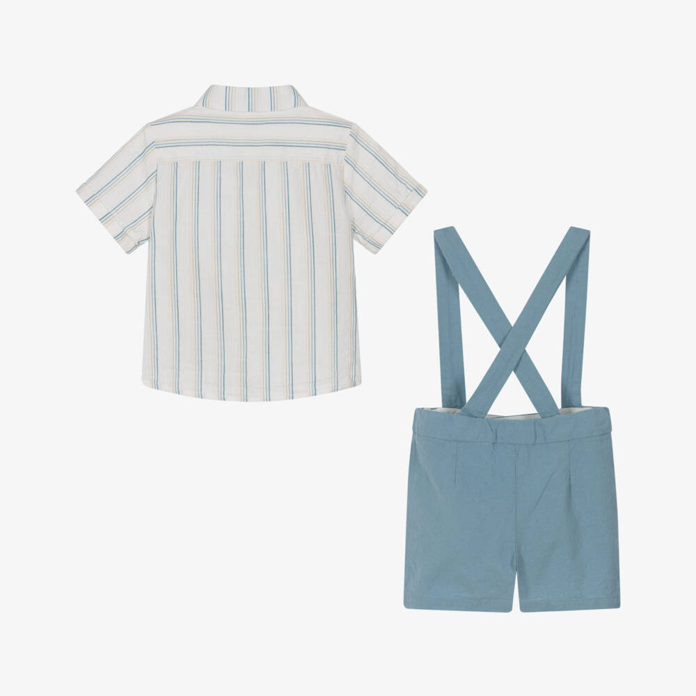 Mayoral-Green & Beige Stripe Bow Tie Linen Short Set | Childrensalon Outlet