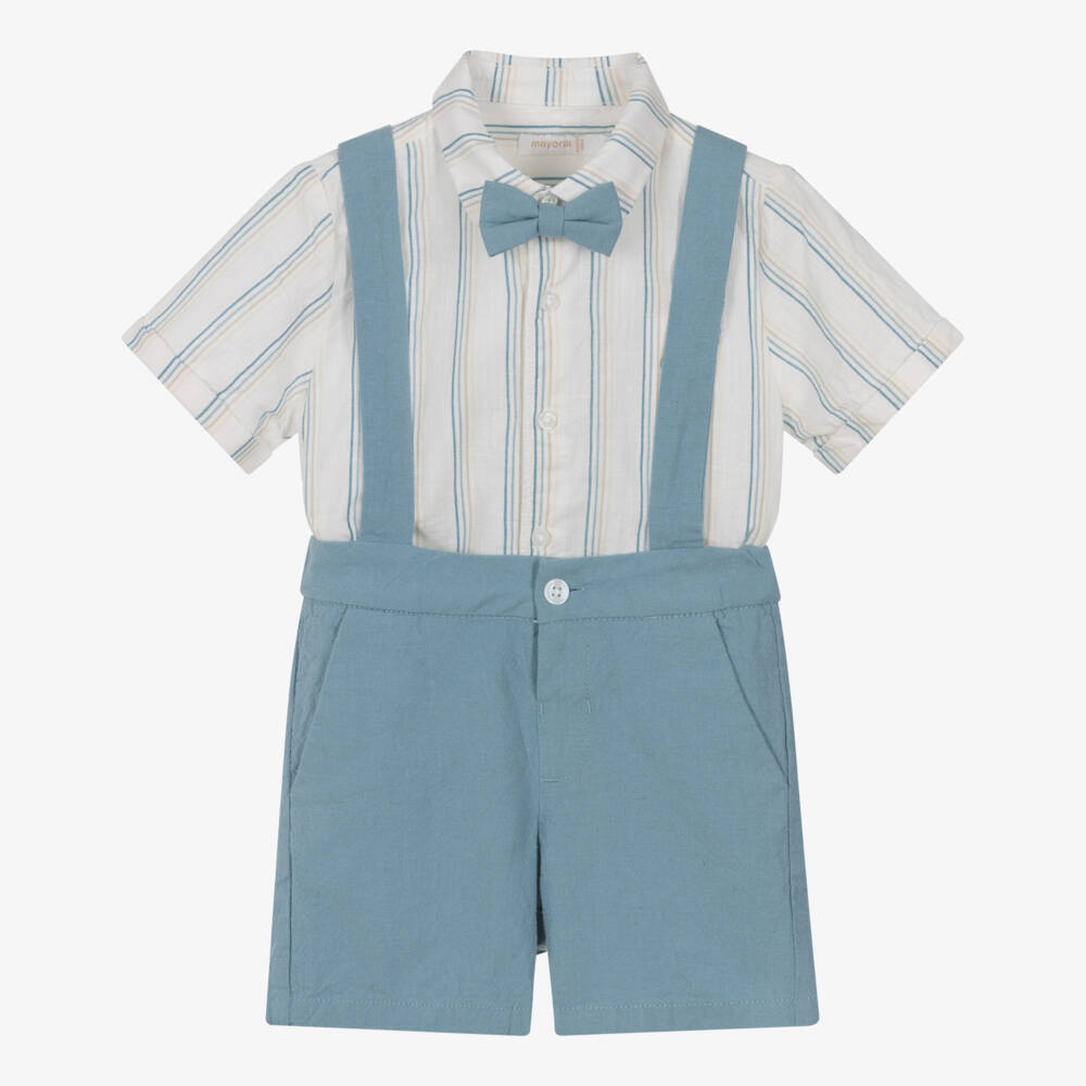 Mayoral-Green & Beige Stripe Bow Tie Linen Short Set | Childrensalon Outlet