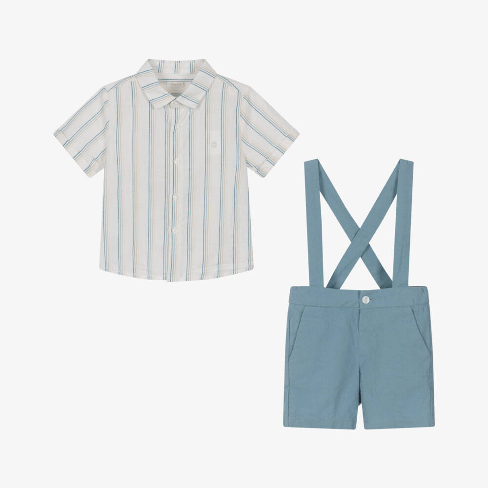 Mayoral-Green & Beige Stripe Bow Tie Linen Short Set | Childrensalon Outlet