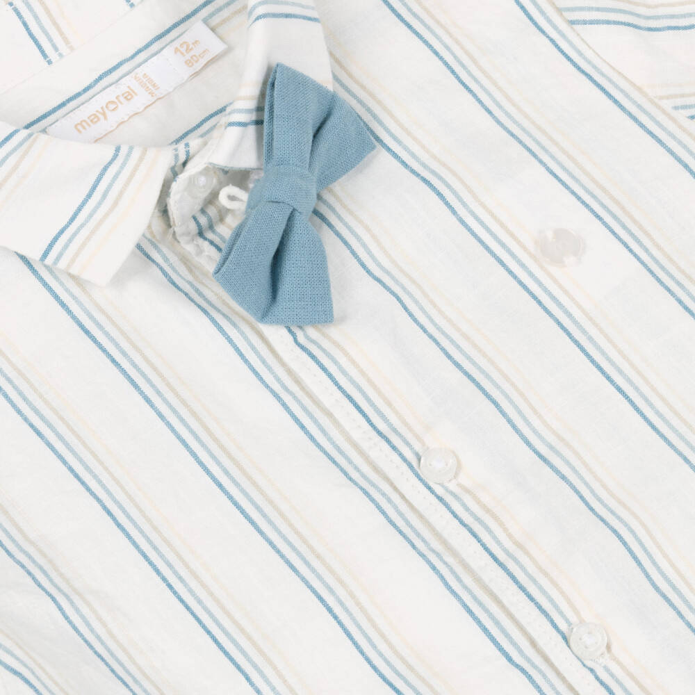 Mayoral-Green & Beige Stripe Bow Tie Linen Short Set | Childrensalon Outlet
