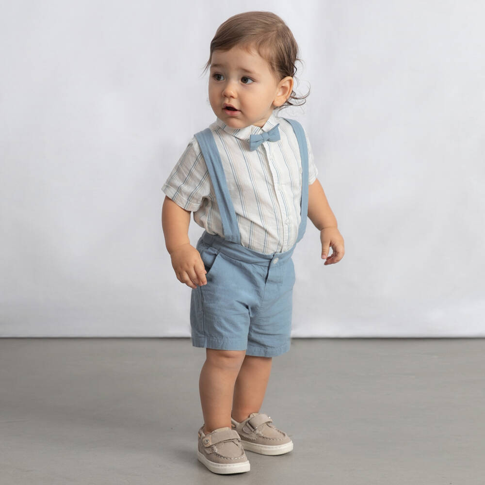Mayoral-Green & Beige Stripe Bow Tie Linen Short Set | Childrensalon Outlet
