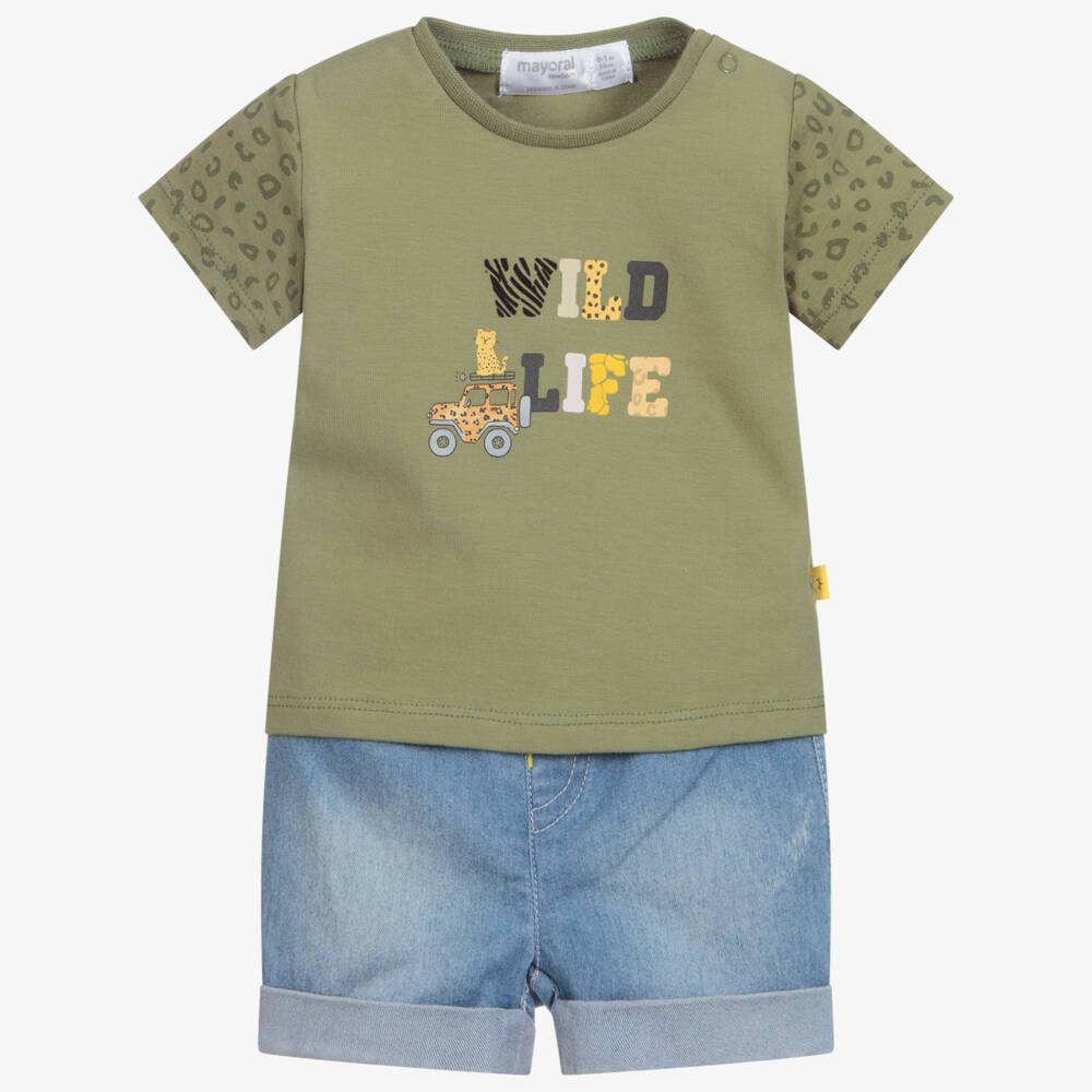 Mayoral Newborn-Green & Blue Safari Shorts Set | Childrensalon Outlet