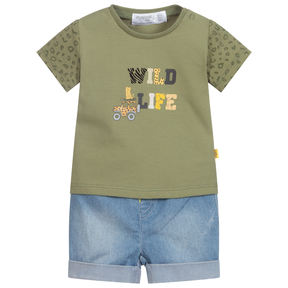 Mayoral Newborn - Shorts-Set mit Safari-Print in Grün und Blau | Childrensalon