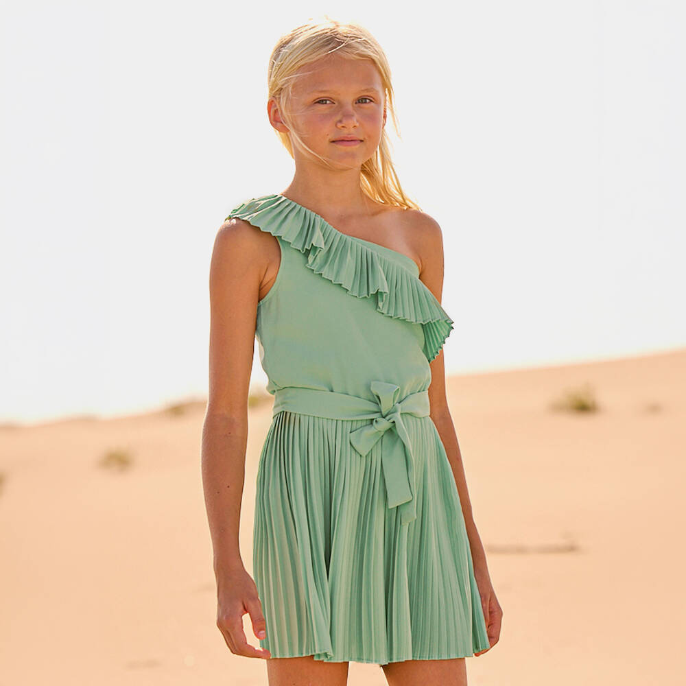 Mayoral-Зеленый шифоновый плиссированный комбинезон для девочек | Childrensalon Outlet