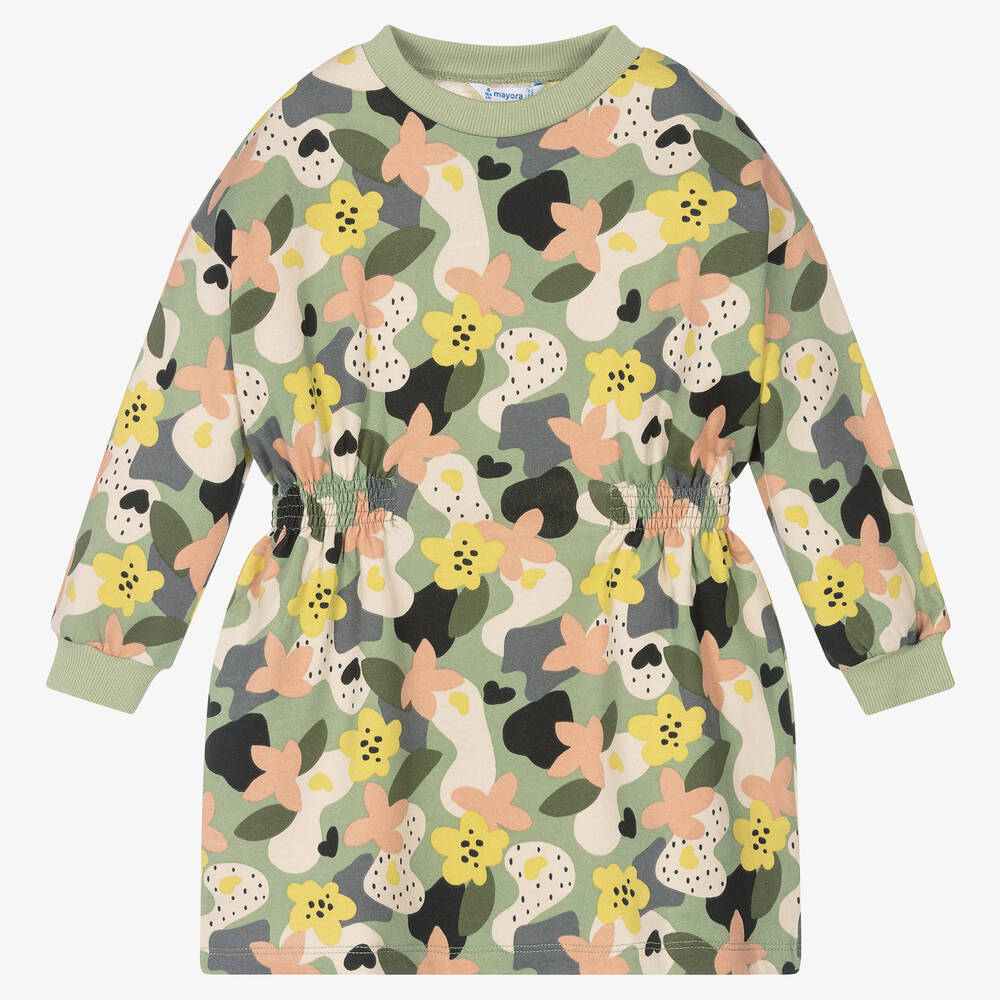 Mayoral - Robe sweatshirt verte à fleurs | Childrensalon