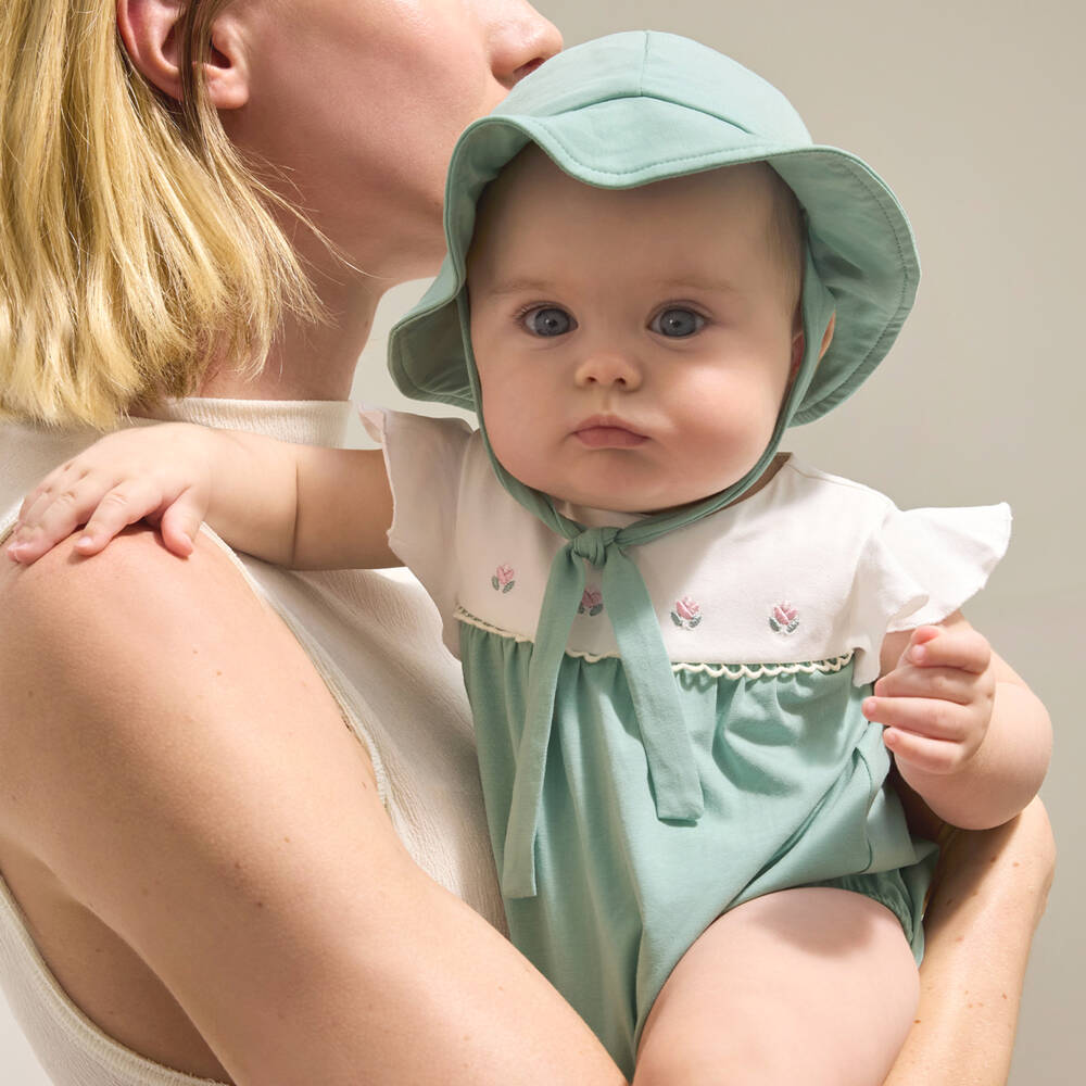 Mayoral Newborn-Green Flower Shortie & Hat Set | Childrensalon Outlet