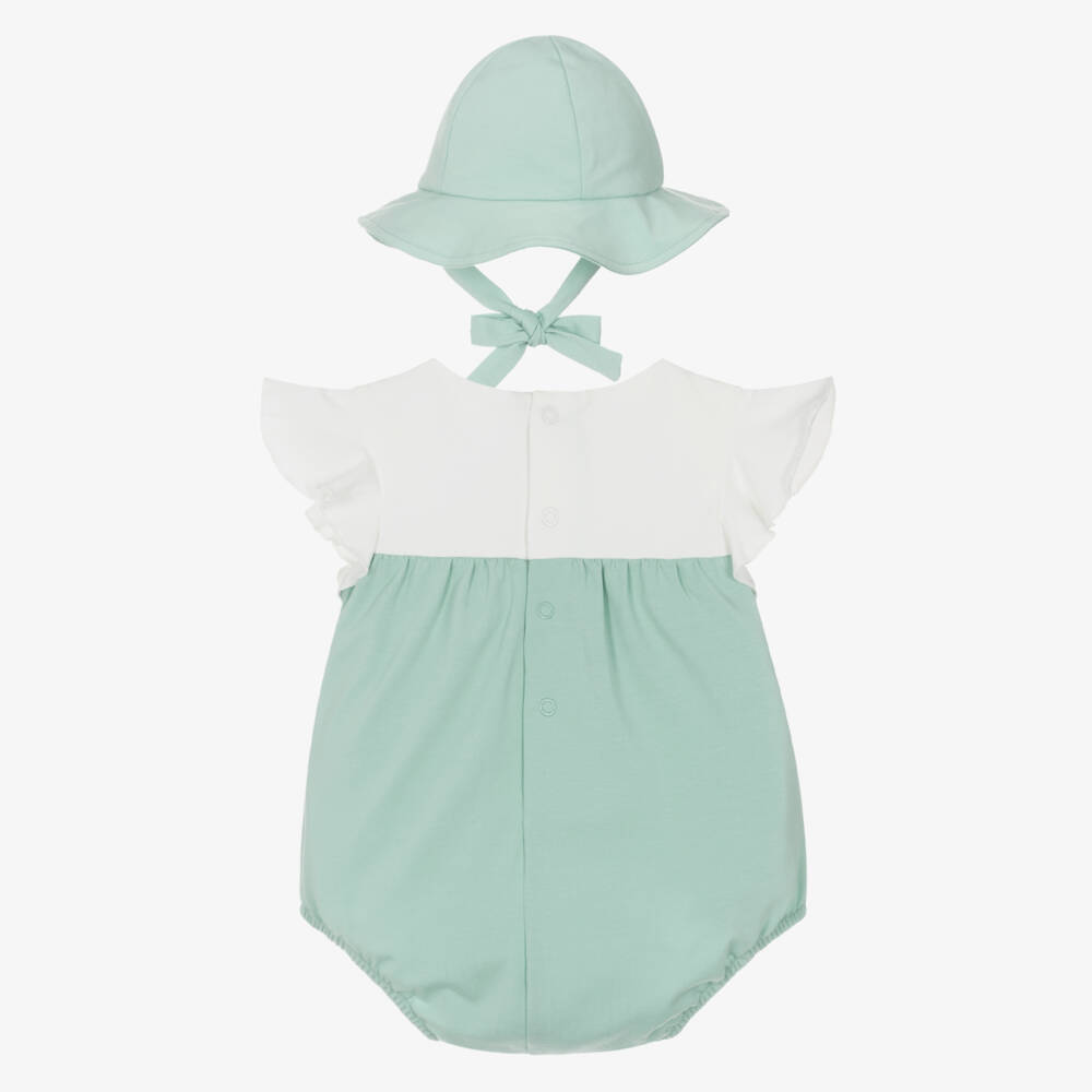 Mayoral Newborn-Green Flower Shortie & Hat Set | Childrensalon Outlet