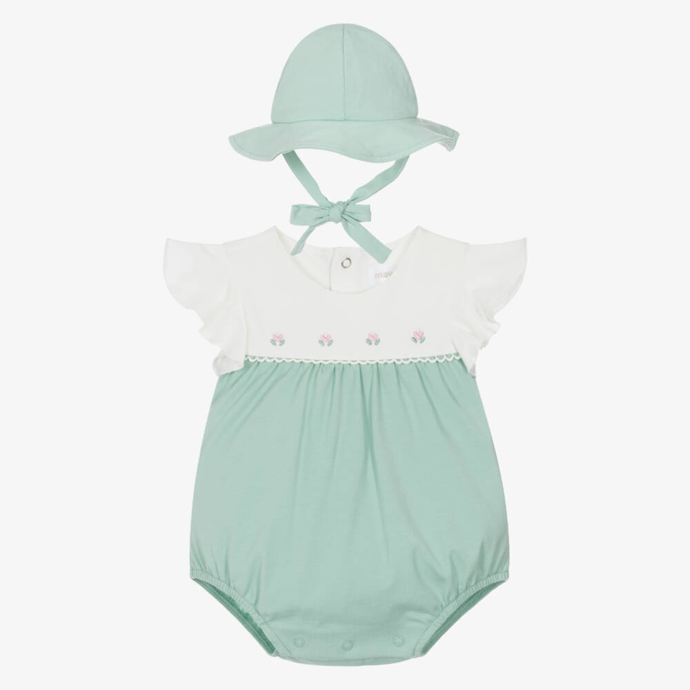 Mayoral Newborn-Green Flower Shortie & Hat Set | Childrensalon Outlet