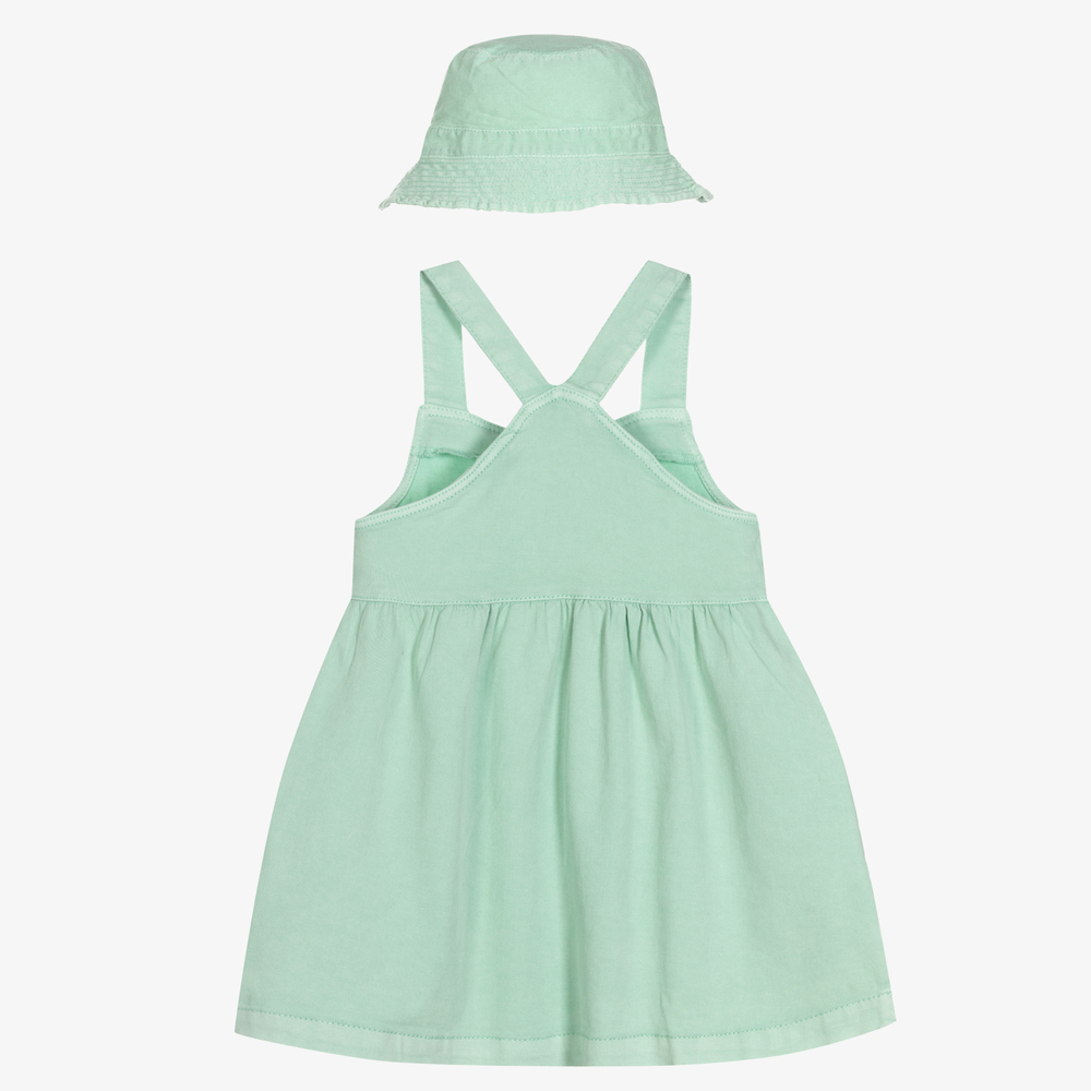 Mayoral-طقم قبعة وفستان بينافور قطن دنيم مستدام لون أخضر للبنات | Childrensalon Outlet