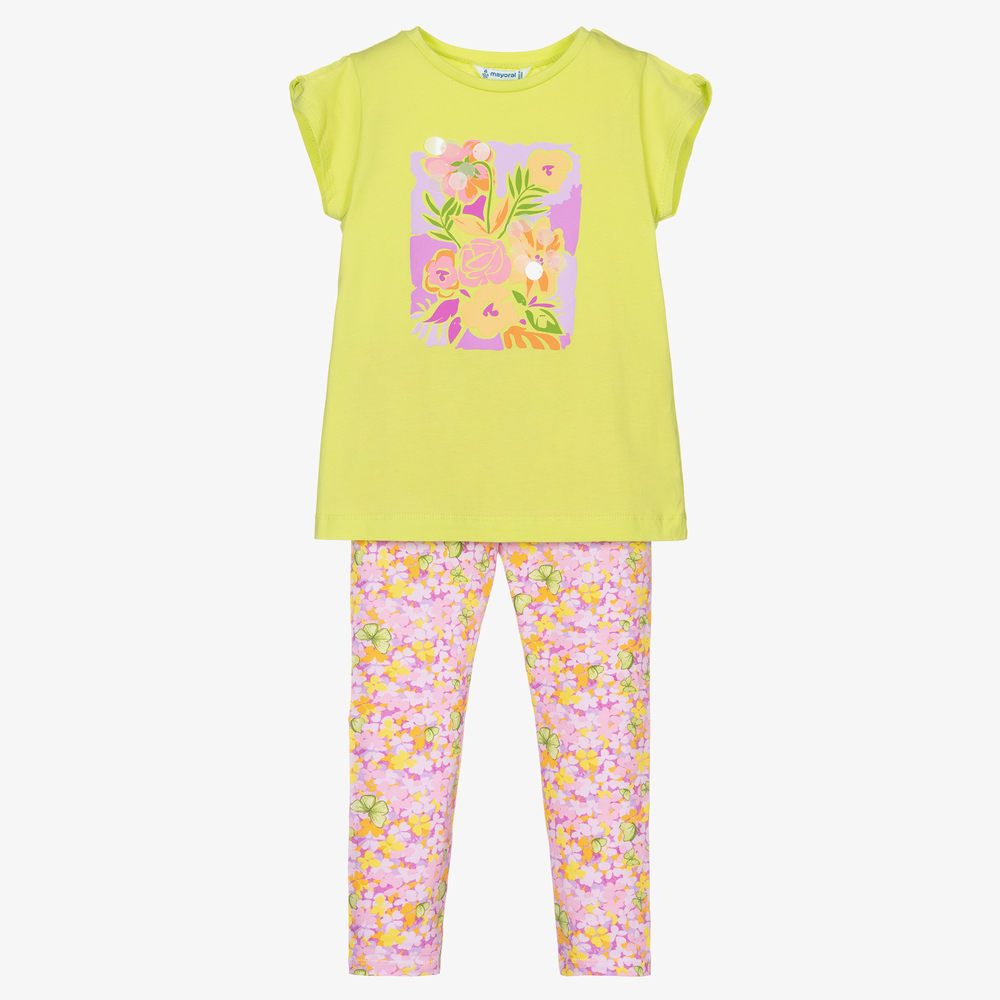 Mayoral-Зеленая футболка и фиолетовые легинсы | Childrensalon Outlet