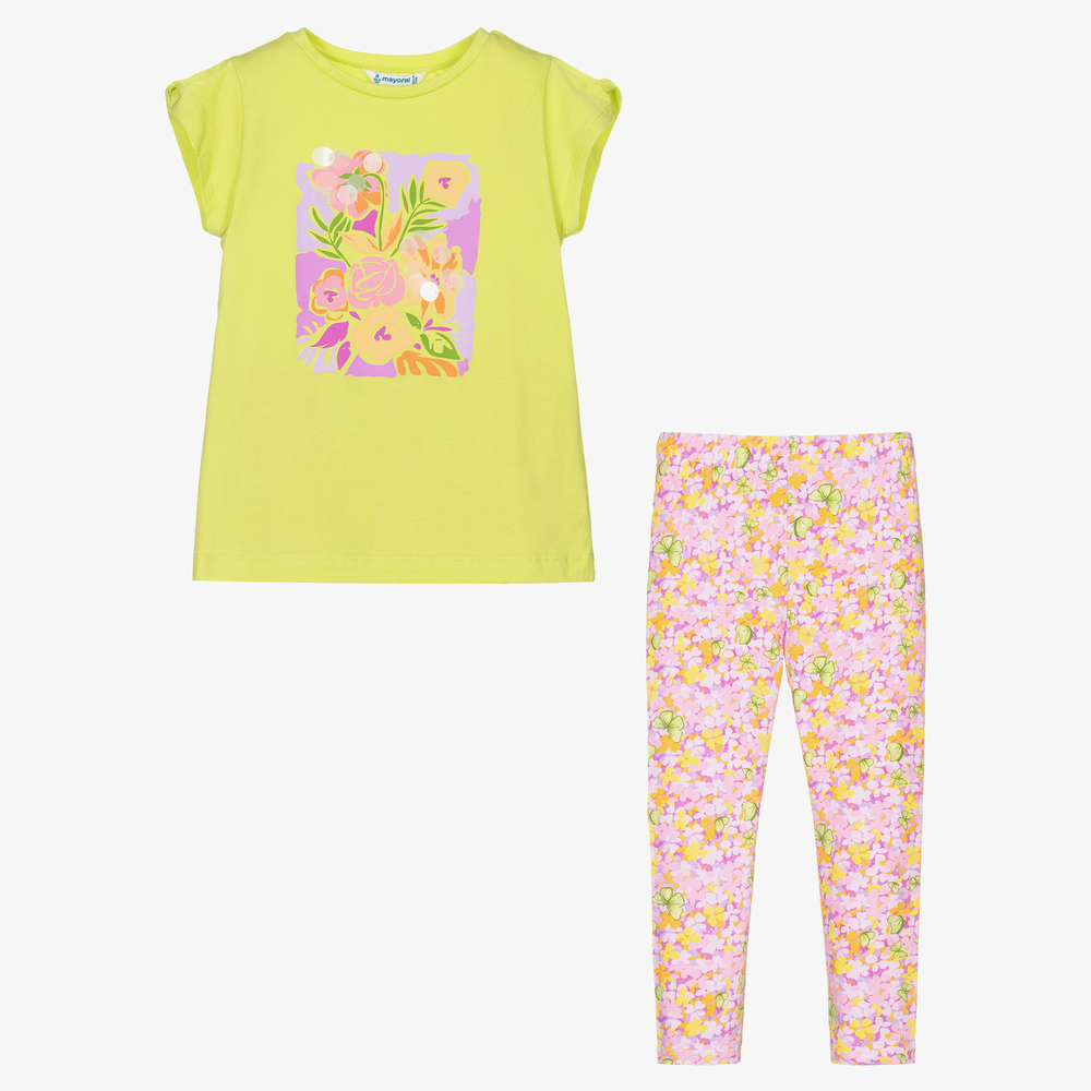 Mayoral-Зеленая футболка и фиолетовые легинсы | Childrensalon Outlet