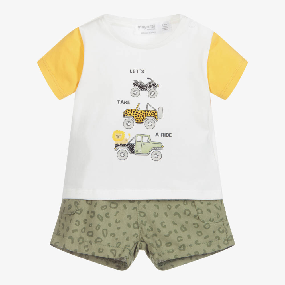 Mayoral Newborn-شورت وتيشيرت قطن جيرسي لون أخضر وأبيض للأطفال | Childrensalon Outlet