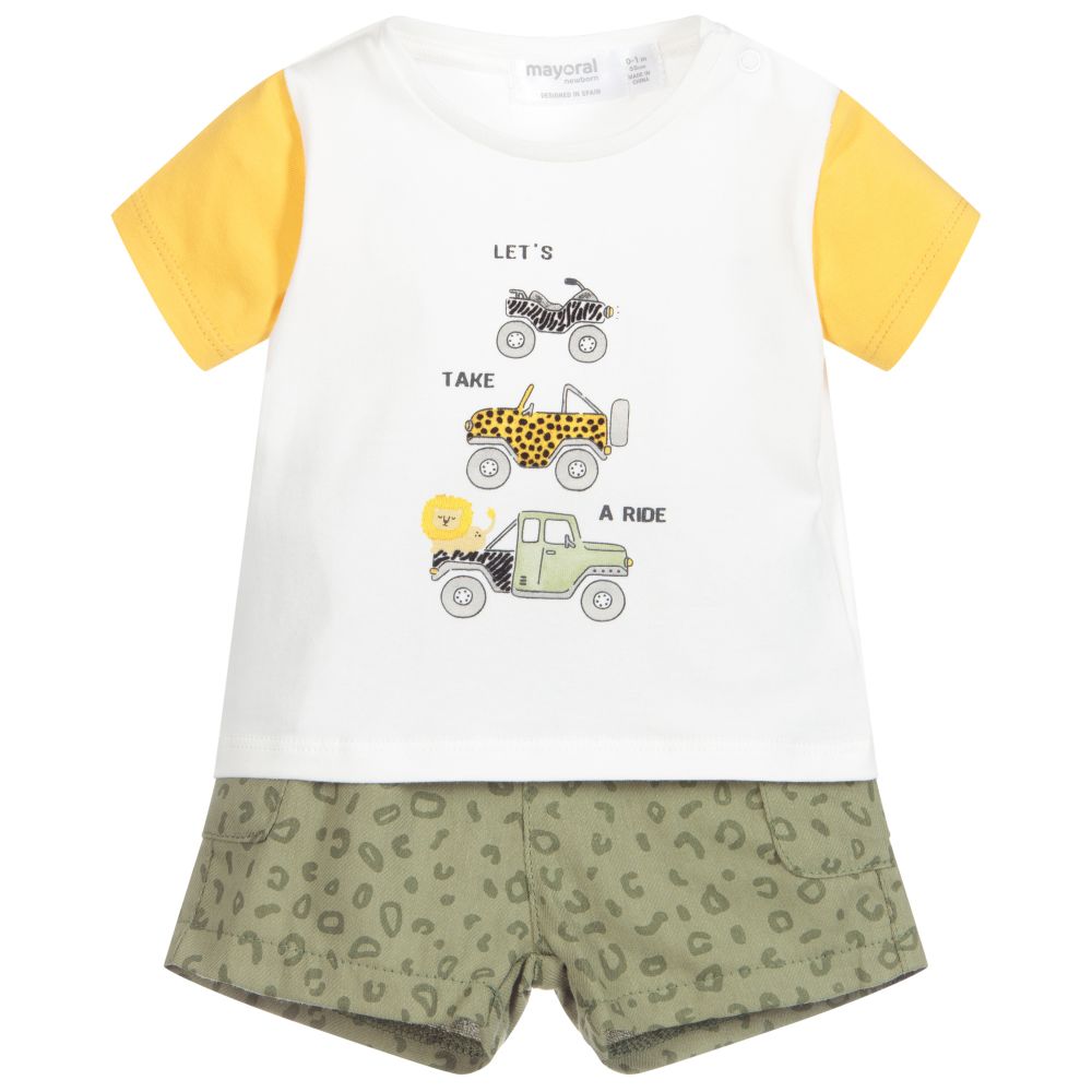 Mayoral Newborn-شورت وتيشيرت قطن جيرسي لون أخضر وأبيض للأطفال | Childrensalon Outlet