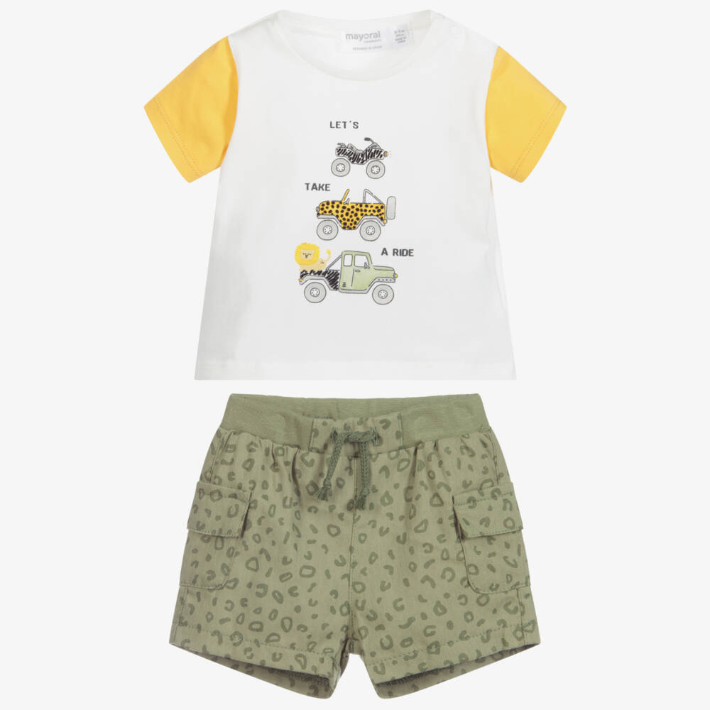 Mayoral Newborn-شورت وتيشيرت قطن جيرسي لون أخضر وأبيض للأطفال | Childrensalon Outlet