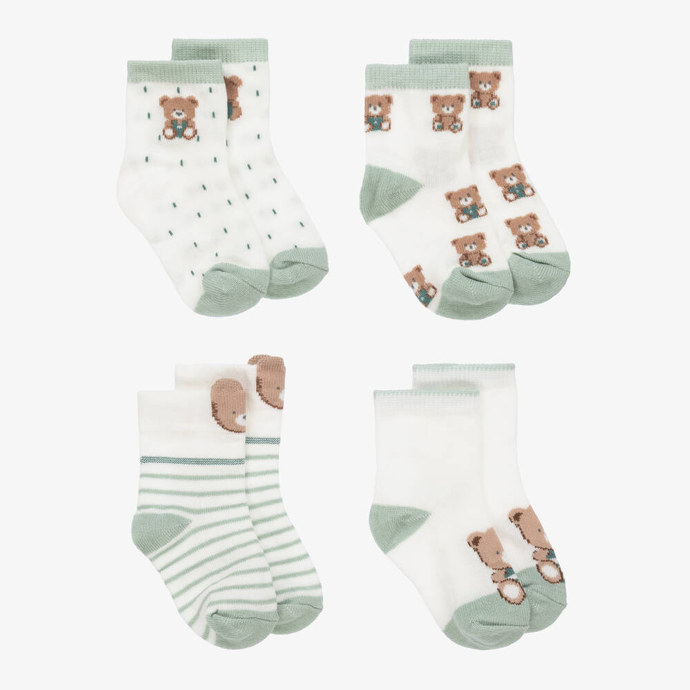 Mayoral - Green Teddy Cotton Baby Socks (4 Pack) | Childrensalon