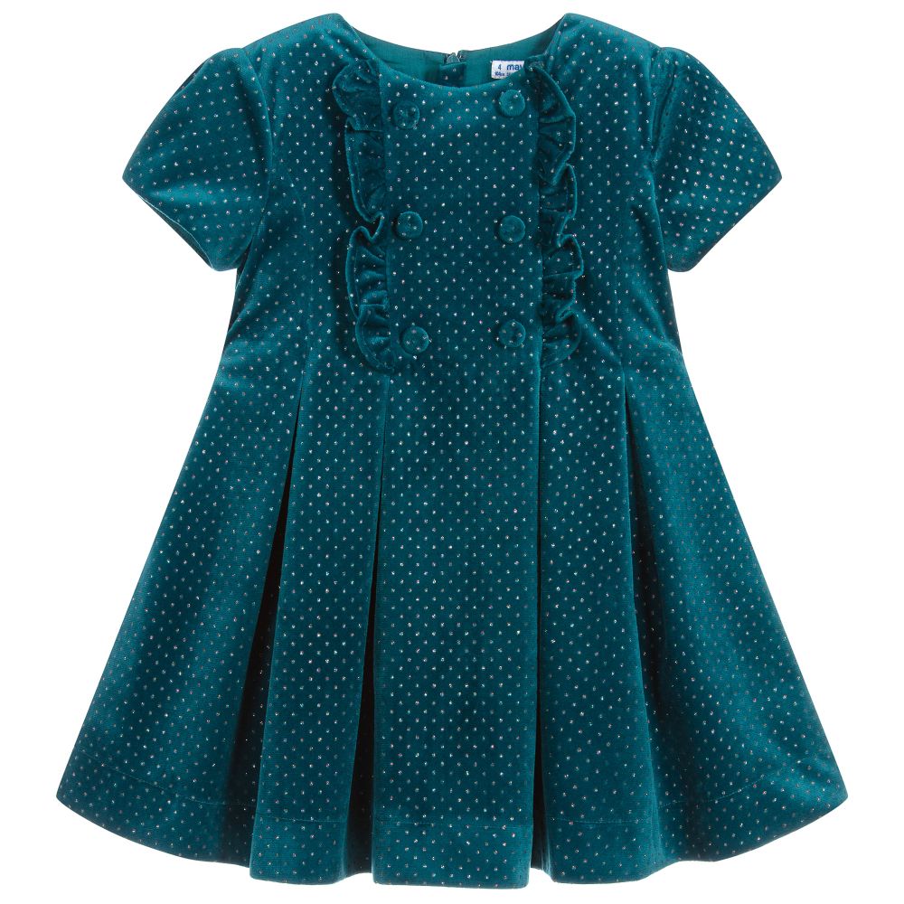 Mayoral - فستان قطيفة لون أخضر فيروزي برّاق | Childrensalon