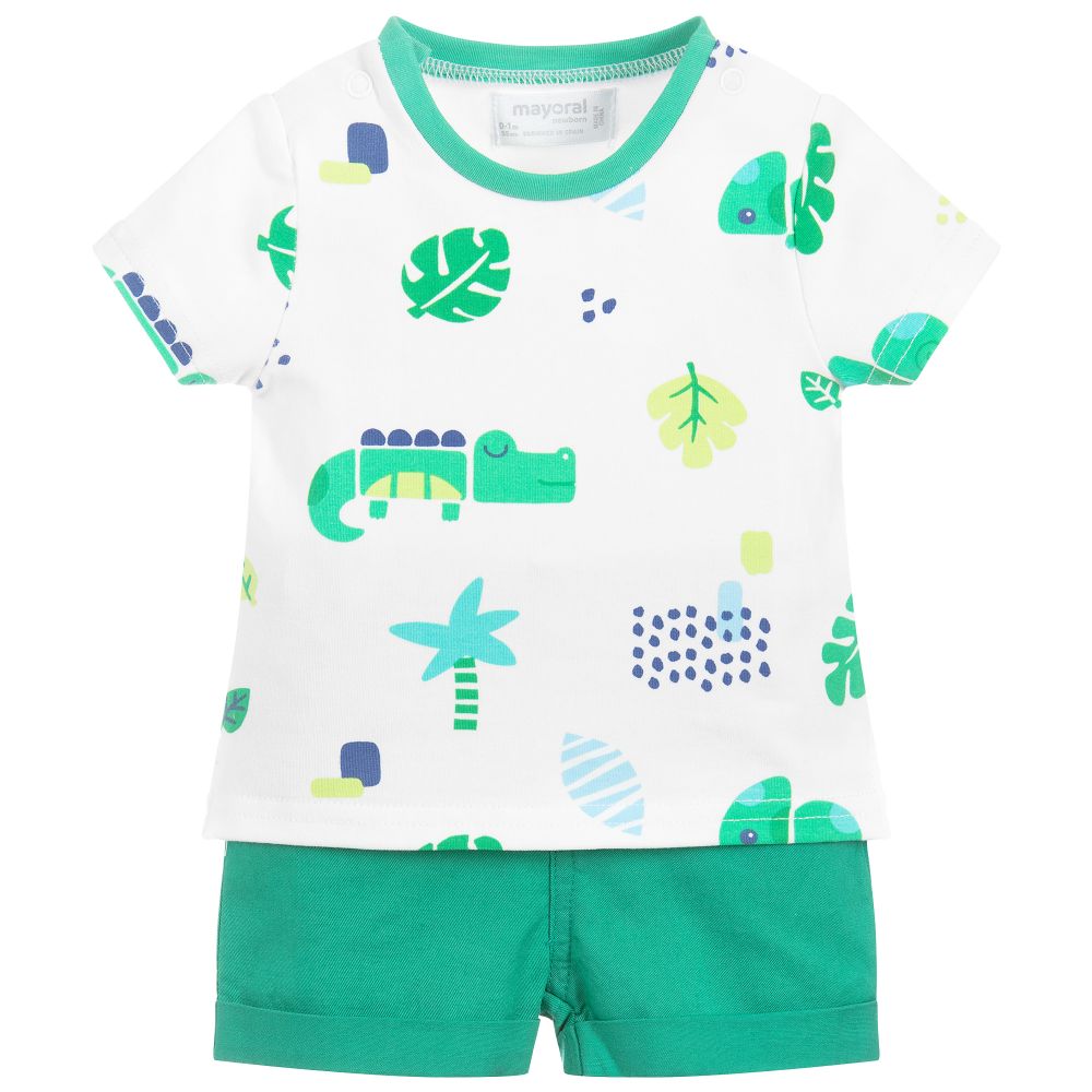 Mayoral Newborn - Green & White Baby Shorts Set | Childrensalon