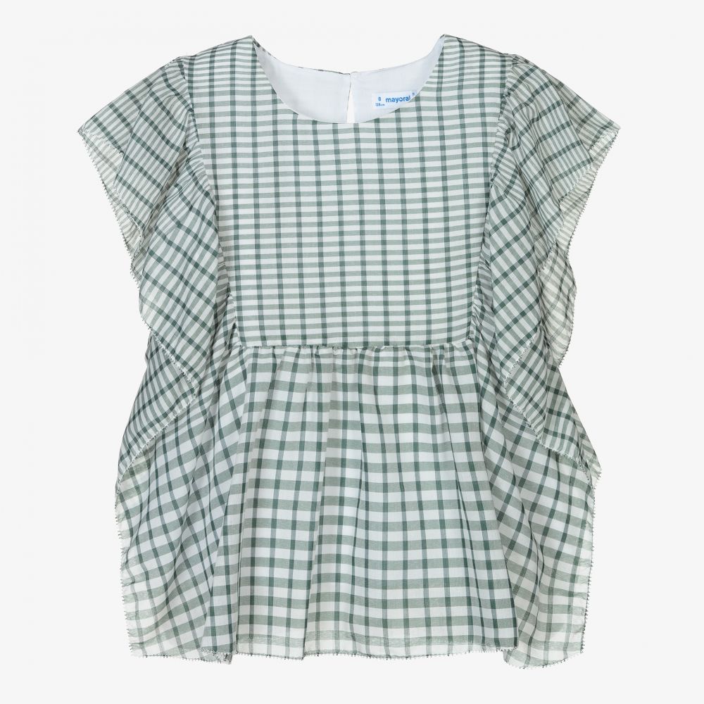 Mayoral - Бело-зеленая блузка в мелкую клетку | Childrensalon