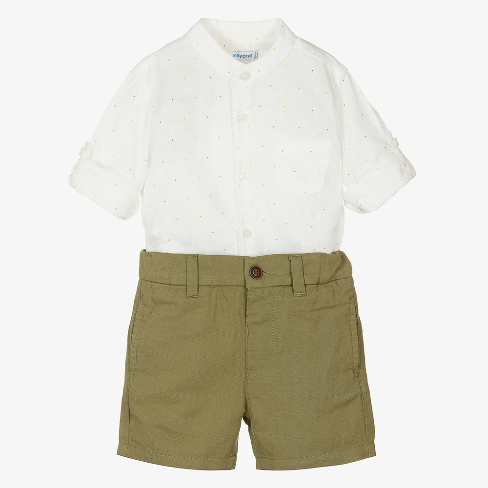 Mayoral - Белая рубашка и зеленые шорты из льна | Childrensalon