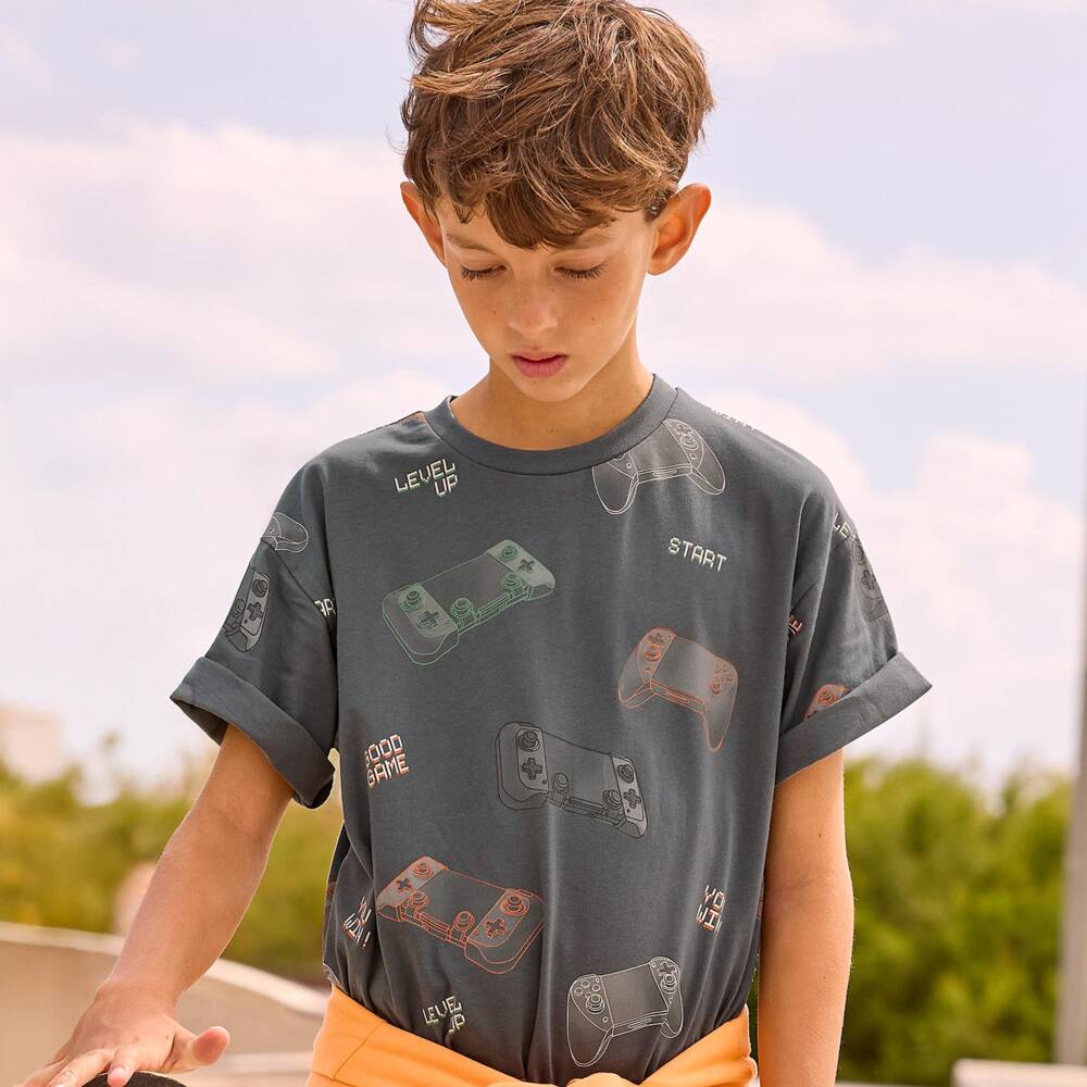 Mayoral Nukutavake-Grey All Over Gaming Print Tshirt | Childrensalon Outlet