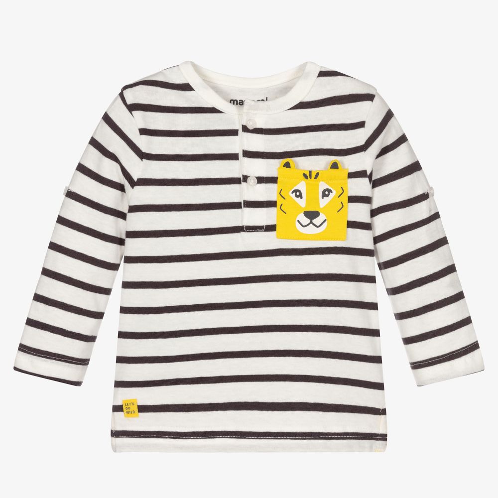 Mayoral-تيشيرت أطفال ولادي قطن مقلم لون رمادي وأبيض | Childrensalon Outlet