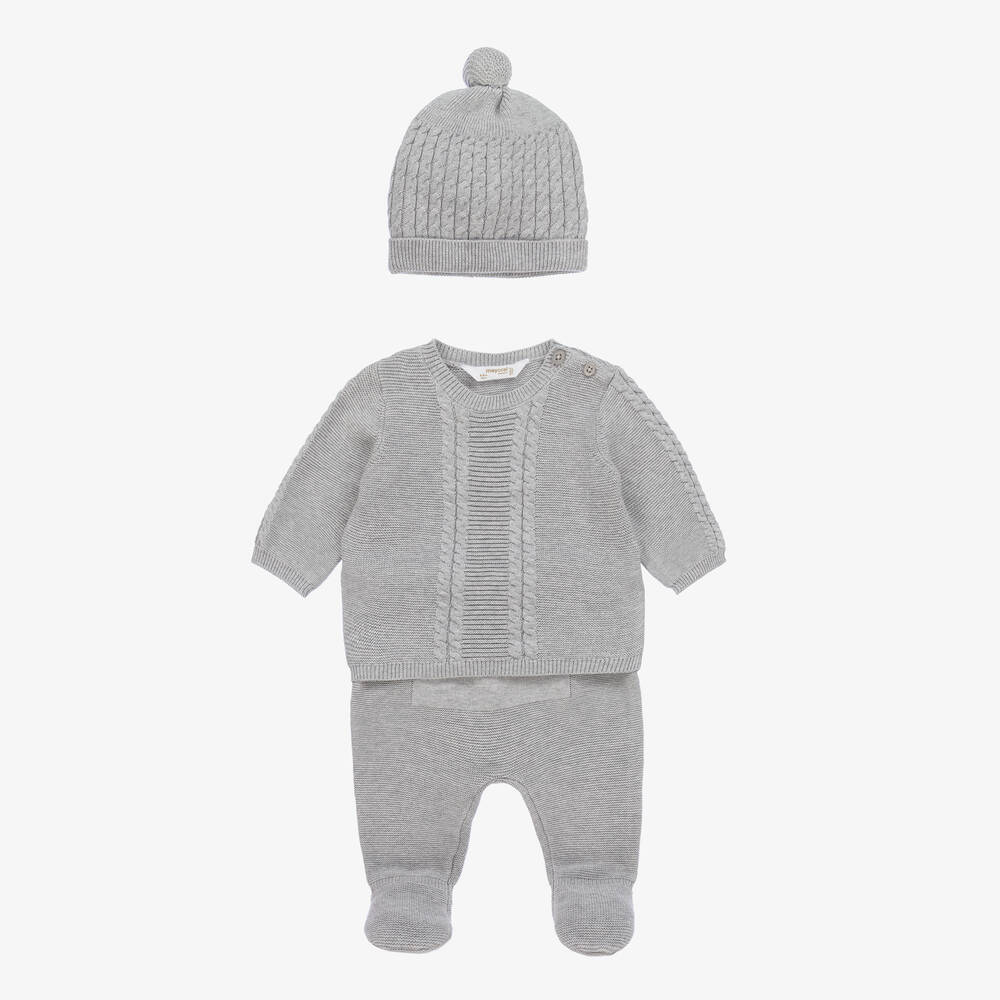 Mayoral - Grey Cotton Knit 2 Piece Babygrow Set | Childrensalon