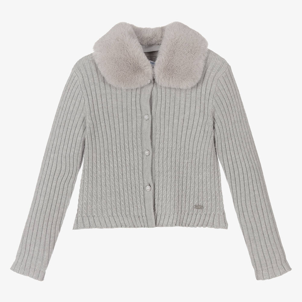 Mayoral-Grey Fur Trimmed Cardigan | Childrensalon Outlet