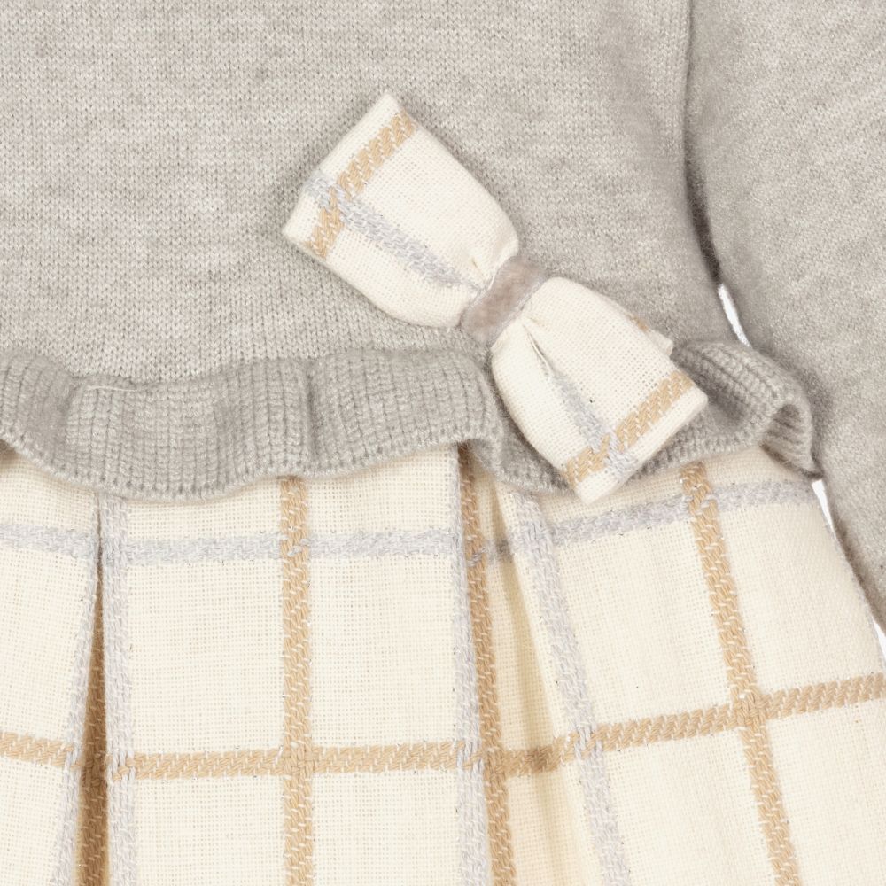 Mayoral Newborn-فستان مزيج قطن محبوك كاروهات لون رمادي وعاجي | Childrensalon Outlet