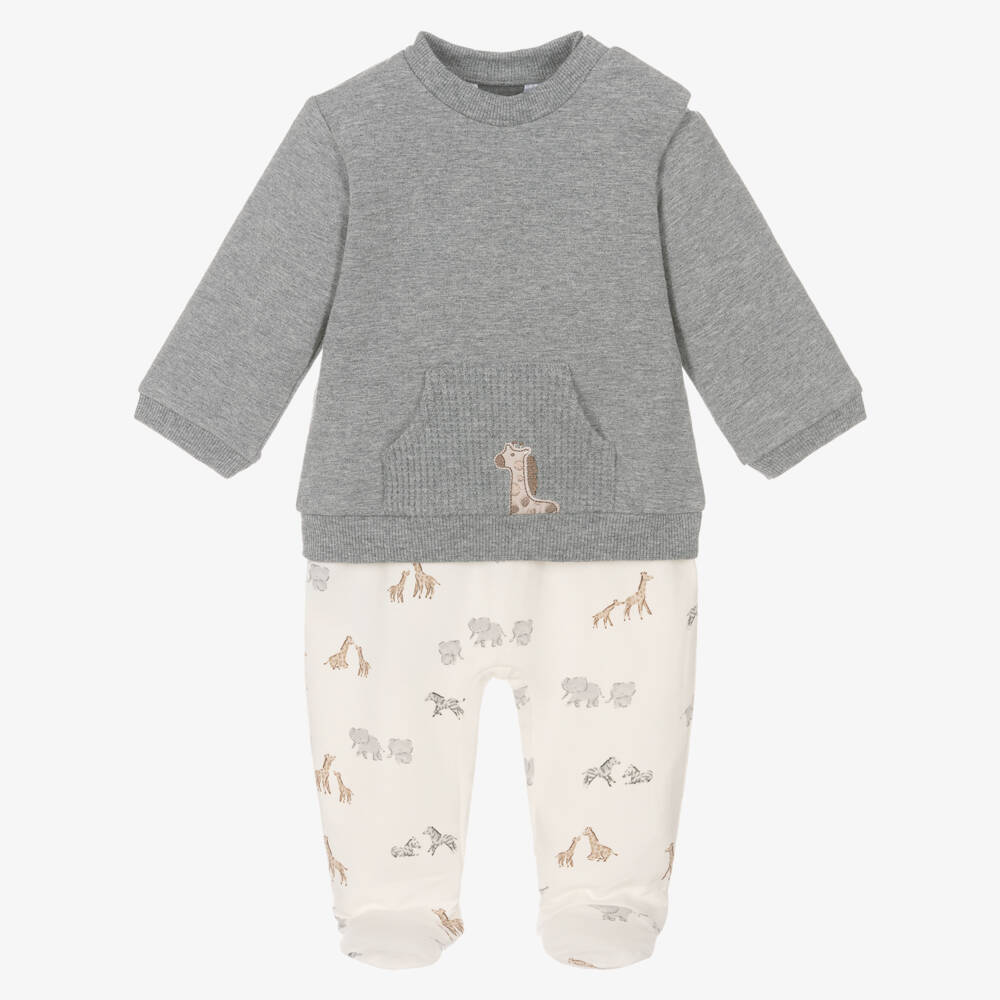 Mayoral Newborn-Grey & Ivory Safari Animal 2 Piece Babygrow | Childrensalon Outlet