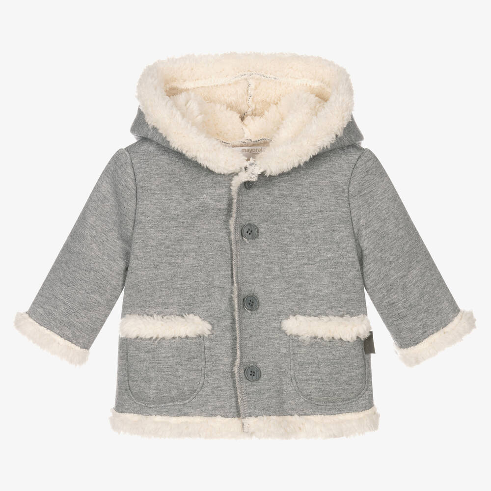 Mayoral Newborn - Серое прогулочное пальто из джерси с капюшоном | Childrensalon