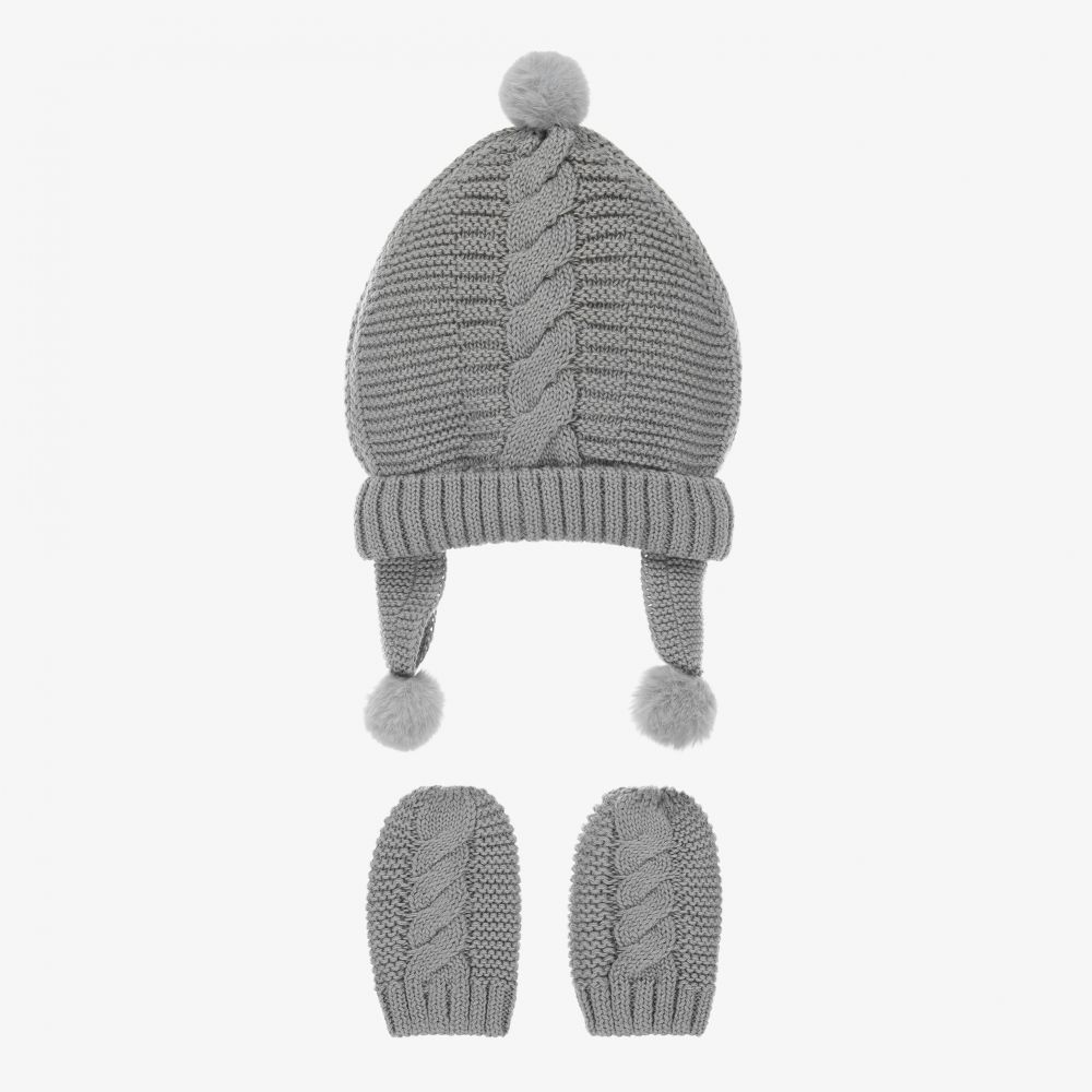 Mayoral Newborn - Ensemble bonnet et moufles gris en maille  | Childrensalon