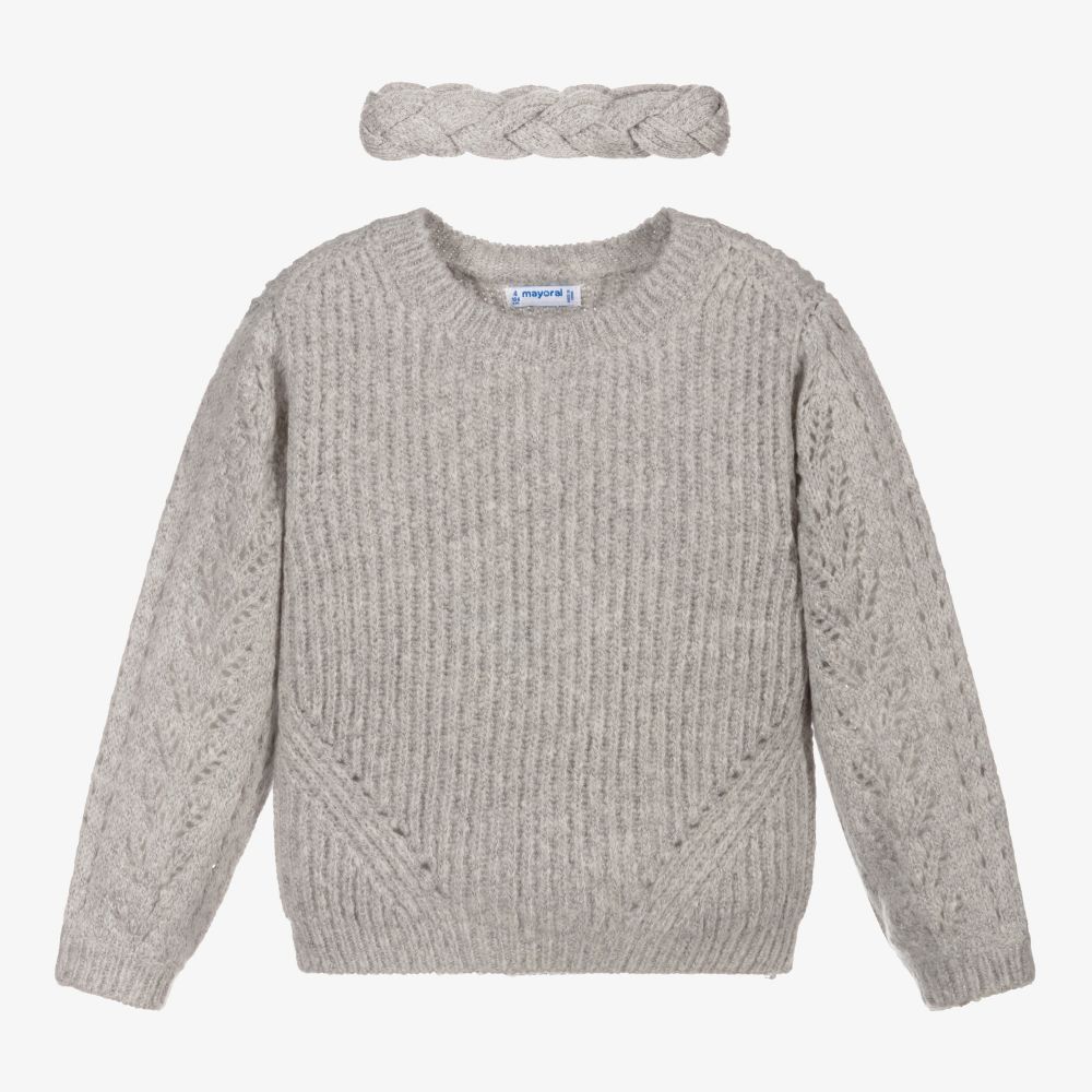 Mayoral - Grey Knit Sweater & Headband  | Childrensalon