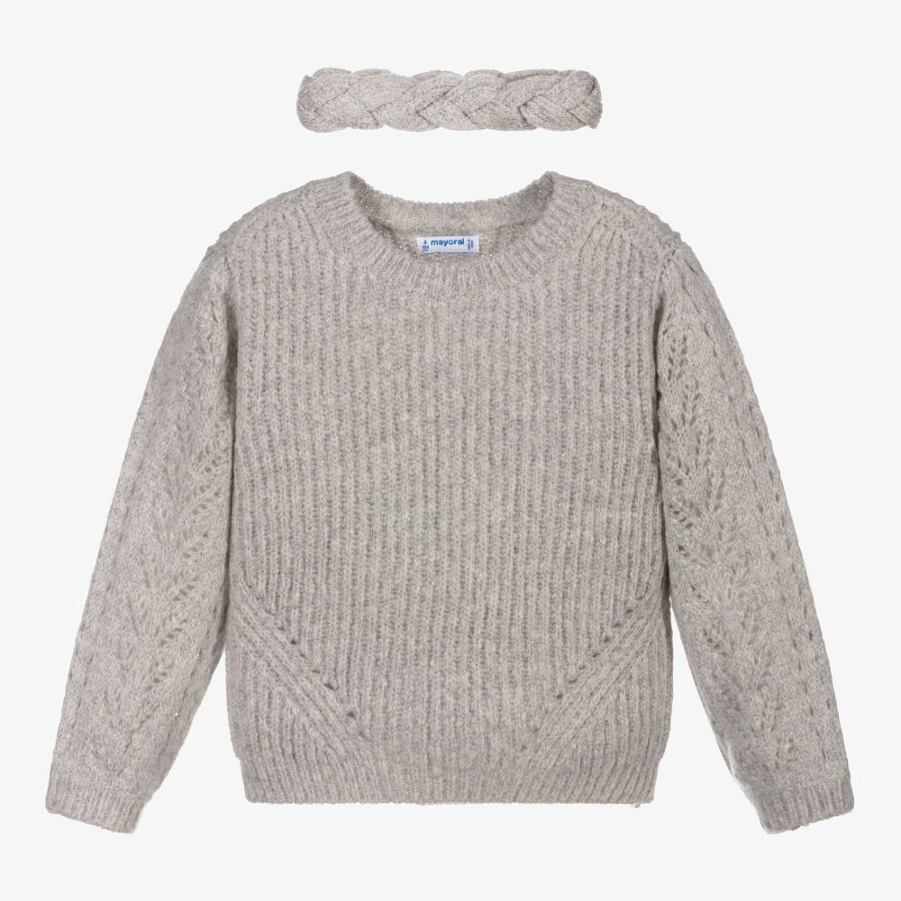 Mayoral - Grauer Strickpullover und Haarband  | Childrensalon