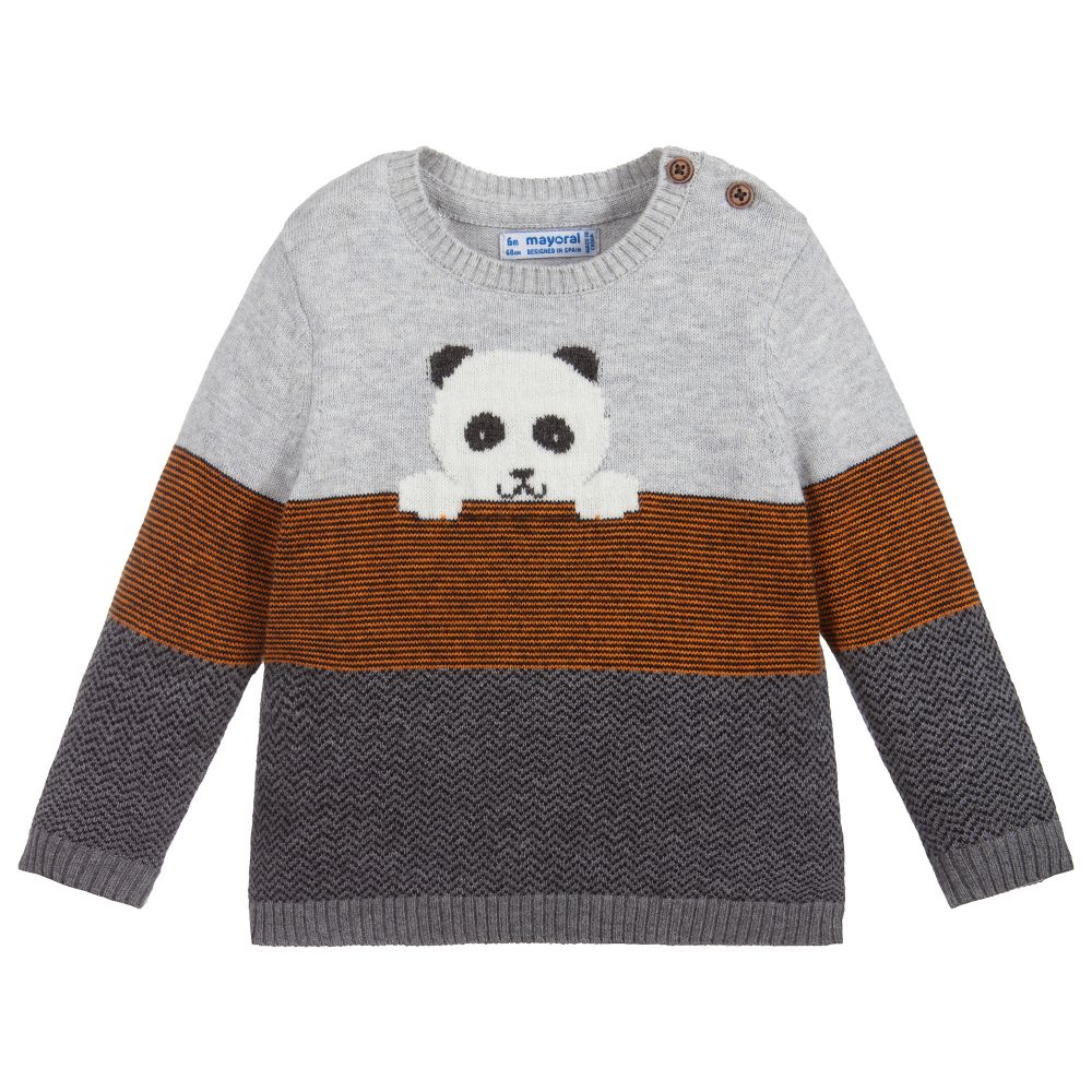 Mayoral - Pull gris en tricot à panda | Childrensalon