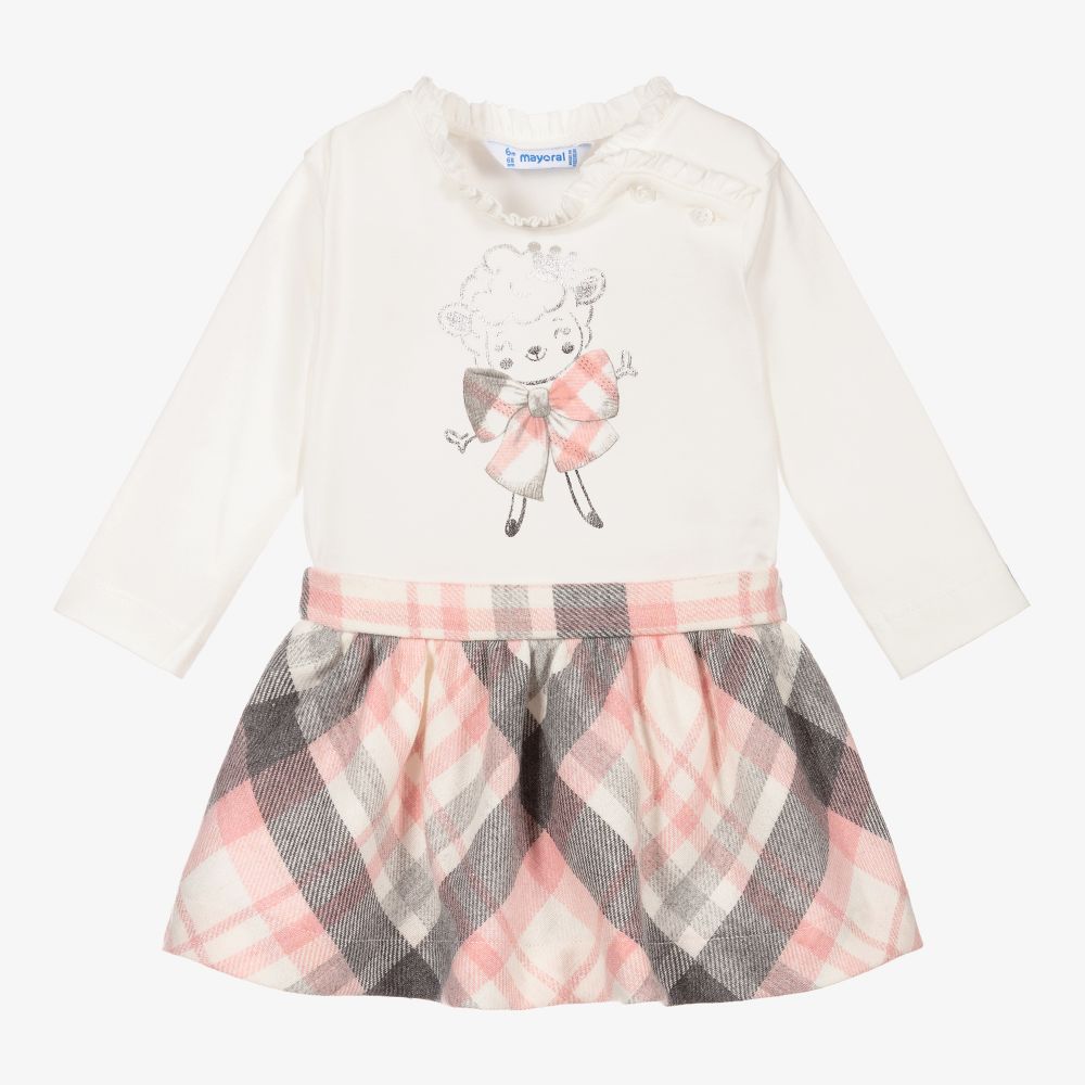 Mayoral - Grey & Pink Check Skirt Set | Childrensalon