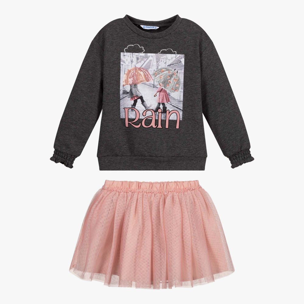 مايورال-طقم تنورة توتو تول وتوب لون رمادي وزهري | Childrensalon Outlet