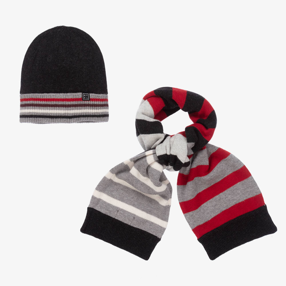 Mayoral - Grey & Red Knitted Hat Set | Childrensalon