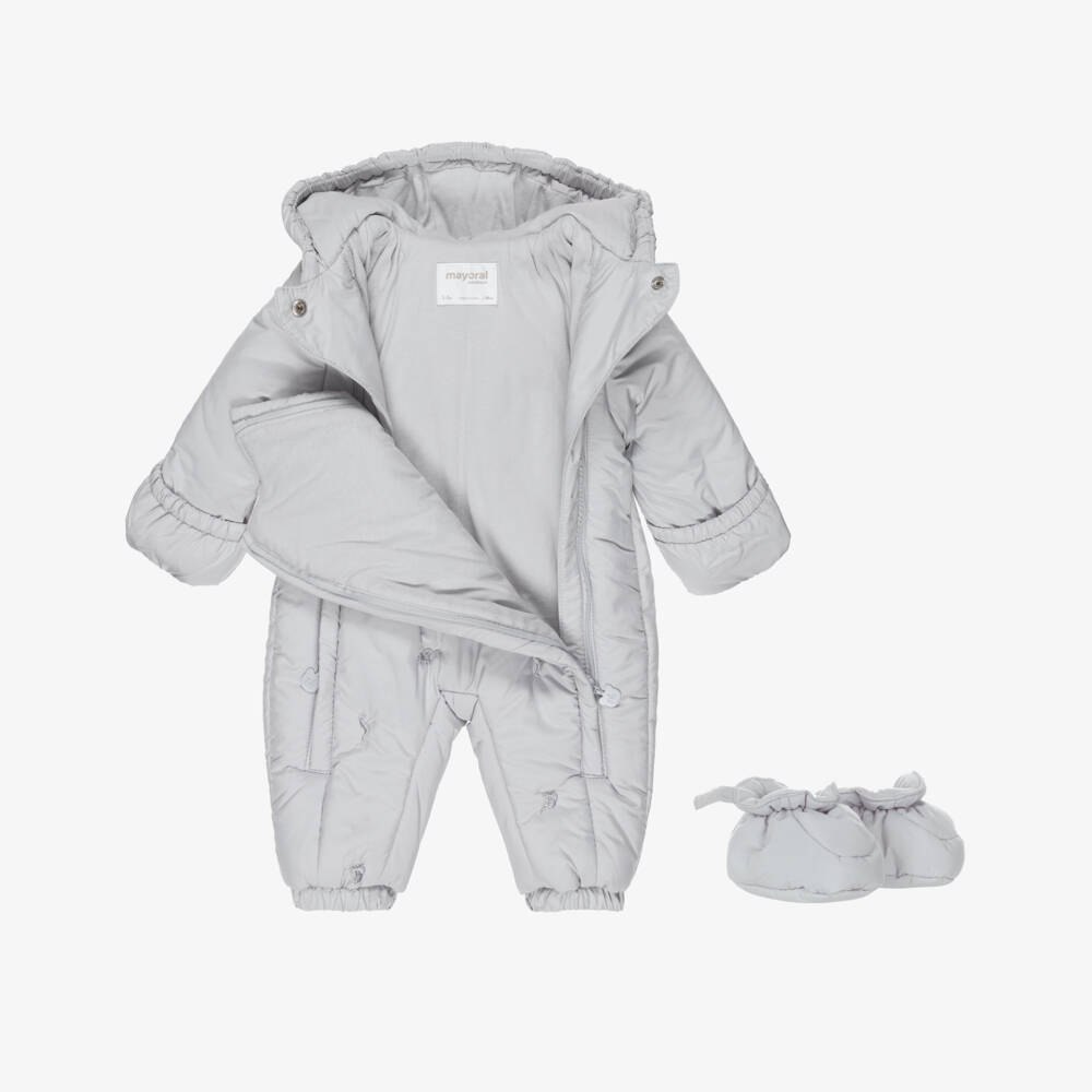 Mayoral Newborn-Grey Safari Animals Baby Snowsuit | Childrensalon Outlet