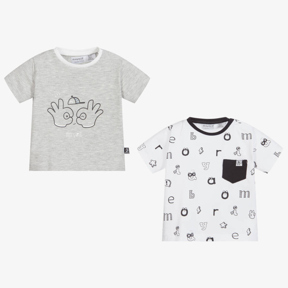 Mayoral Newborn-Grey & White T-Shirts (2 Pack) | Childrensalon Outlet