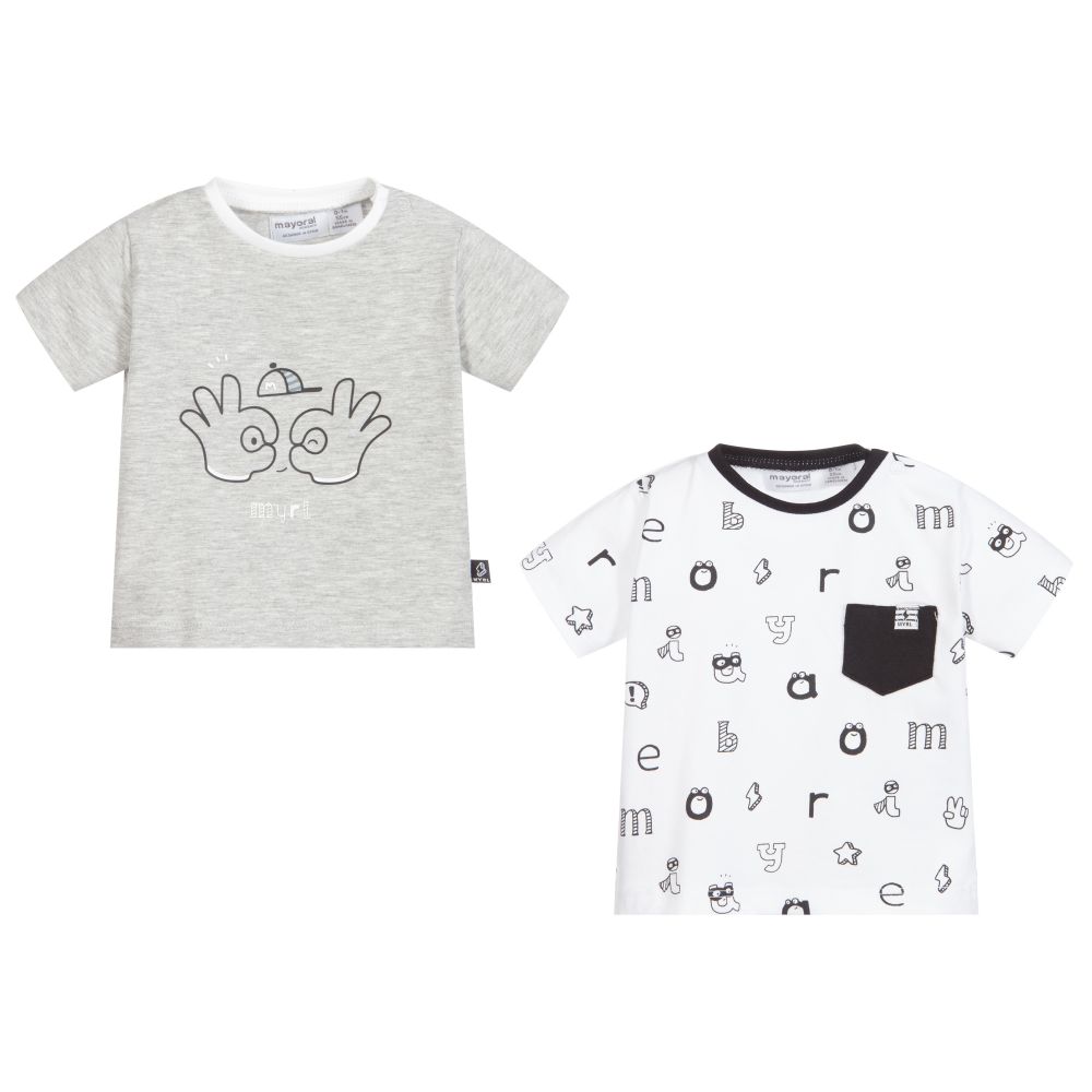 Mayoral Newborn-تيشيرت قطن جيرسي لون رمادي وأبيض للأطفال (عدد 2) | Childrensalon Outlet