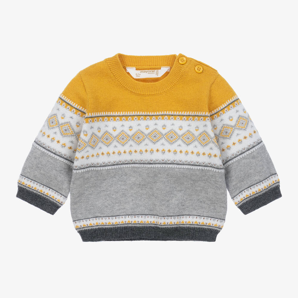 Mayoral - Grey & Yellow Cotton & Wool Knit Sweater | Childrensalon