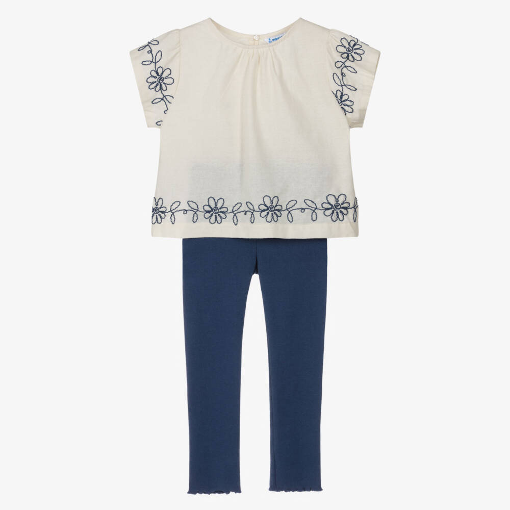 Mayoral-Ivory And Blue Embroidered Leggings Set | Childrensalon Outlet