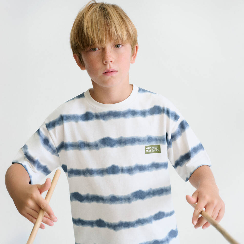 Mayoral Nukutavake-Ivory And Blue Stripe Tshirt | Childrensalon Outlet